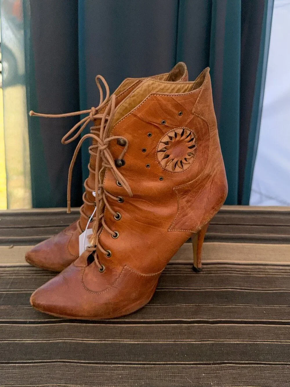 Vintage 80s The Wild Pair Brown Leather Lace Up Sun Cutout Stiletto Boots Size 7